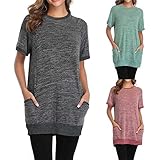 Damen Langes T-Shirt mit Tasche Kurzarm Rundhals Sommer Basic Beiläufig Casual Tops Atmungsaktive Stretch Lose Women Oberteil lässige Bluse Hemd Vintage Retro Tunika (Rosa,XL) (Rosa,XL)