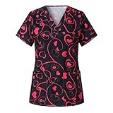 WENZHOU Weihnachten Valentinstag Frau Krankenhaus Schlupfhemd Bluse Kurzarm V-Neck Mischgewebe Kasack Damen Pflege mit Liebe Motiv Bunt Arzt Uniform Berufsbekleidung Krankenschwester Kleidung