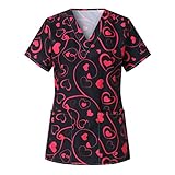 WENZHOU Weihnachten Valentinstag Frau Krankenhaus Schlupfhemd Bluse Kurzarm V-Neck Mischgewebe Kasack Damen Pflege mit Liebe Motiv Bunt Arzt Uniform Berufsbekleidung Krankenschwester Kleidung