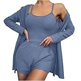 Damen Sexy Pyjama Nachtwäsche Kurz Hausanzug Ärmellos Dessous Negligee Cami Top Loungewear Einfarbig Sleepwear Pyjama Set Kurz Schlafanzug Camisole Spaghettiträger Übergröße Sexy 3er Pack Knit S