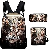 Anime Angriff auf Titan Schulranzen 3D Levi Ackerman Cosplay Schultasche + Lunch Box + Bleistift-Kasten 3 PC / Laptop Set Daypack Bookbag Rucksack für Kinder Jungen Mädchen-Levi Ack