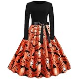 Kleider Damen Halloween Kleid Geist Druck Kürbis Muster Gruselige Kostüme Damen für Halloween Party A-Linie Cocktailkleid mit Schleife Gurtel Sexy Halloween Kostüm Abendk