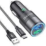 Auto Ladegerät, IWAVION Quick Charge 3.0+2.4A 30W KFZ Ladegerät Adapter Dual USB Auto Ladeadapter mit 1M Nylon USB Type C Ladekabel für Samsung Galaxy S10 S9 S8,Note9/8,LG G6 V30,Huawei P20/P10/Mate10