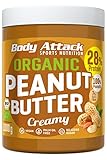 Body Attack Organic Peanut Butter, 1kg, Bio-Erdnussbutter ohne Palmöl, Erdnussmus vegan, ungesüßt, 28% Protein (Bio-Creamy)