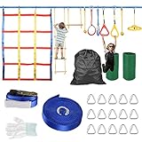 Ninja Slackline Set, Kacsoo-Hindernisparcours für Kinder, Kit Slackline 50 Fuß Ninja Ringe Kletterseil Leiter Kletterlast Netz Ninja Warrior Trainingsausrüstung für Erw