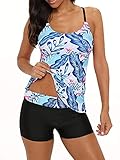 American Trends Tankini Badeanzug für Damen, zweiteiliger Badeanzug Tankini Top mit Boyshorts Bademode für Damen, Damen, 09 Rundhals blaues Blatt, Medium US 4-6