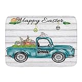 Fußmatten, Frühlingsfest Ostern-Kaninchen-Eier mit Hasen-Retro-LKW-Auto auf rustikalem Holz, Küchenboden Badteppichmatte Absorbent Indoor Badezimmer Dekor Fuß