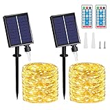 Solar Lichterkette Aussen - 2Stück 20M/65.6FT 150 LED IP65 Wasserdicht, 8 Modi Lichterkette Außen mit Fernbedienung & Timer für Garten, Bäume, Weihnachten, Partys[Energieklasse A+++] (Warmweiß)