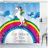 Fantasy Duschvorhang Einhorn Surreal Myth Creature Before Rainbow Clouds Star Fantasy Girls Fairytale Badezimmervorhäng