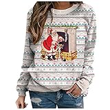 Damen Weihnachten Print Sweatshirt Langarm Pullover Hoodie Casual Button Rundhalsausschnitt Leicht Lose Tops T Shirts, weiß, 38