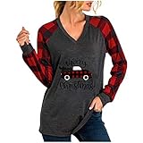Xmiral Christmas Tops Frauen Langarm V-Ausschnitt Plaid Bedruckte Bluse Beiläufig Slim Fit Damen Weihnachtshemd(l-Rot,XXL)