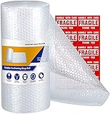 Switory Transparent Luftpolsterfolie - 1 Rolle mit 11 m, Breite 30,5 cm, inklusive 10 Aufkleberetiketten mit dem Hinweis 'FRAGILE' zum Verpacken von empfindlichen Artik