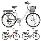 HECHT leichtes 26 Zoll City E-Bike Elektrofahrrad E Bike Pedelec für Herren und Damen mit 36V/10Ah – 250 Watt Motor – Premium 7-Gang Kettenschaltung – Scheibenbremsen – LED-Beleuchtung – Fahrrad Korb