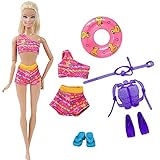 XKMY Kleider Outfits für Puppe, 1 x rosa Sterne, Badeanzüge + 1 x Mini-Rettungsring + 1 x Slipper + 1 x Tauchausrüstung Kleidung für Barbie-Puppe (Farbe: ohne Puppe)