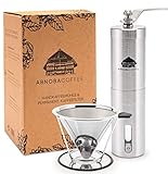 ABNOBACOFFEE Kaffee-Set | Handkaffeemühle mit Keramikmahlwerk inklusive Kaffeefilter aus Edelstahl | Manuelle Kaffeemühle mit Permanentfilter | Stufenlose Mahlgradeinstellung | Espressomü