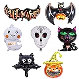 Hallowee Luftballons Set, 7 Stück Halloween Folienballons Kit, Halloween Fledermaus Schädel Geist Kürbis Schwarze Katze Luftballons für Halloween Fun Party Dek