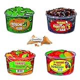 Haribo 4er Set Bundle Mix Rotella Fruchtschnecken, Frösche, Anaconda Schlangen, Happy Cola und 1 Genussleben Glückskeks G