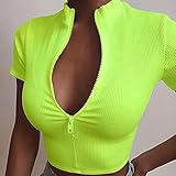 maozuzyy T-Shirt Kurzarmhemden Retro Fashion Slim Fit Reißverschluss Stretch Gestricktes T-Shirt Frauen Weibliche Bustier Korsett High Neck Skinny Croped T-Shirt Dame Shirt-Grün_S