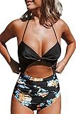 CUPSHE Damen Cut Out Badeanzug Neckholder Drehknoten Bauchweg Einteilige Bademode Sommer One Piece Swimsuit Schwarz S