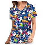 Damen Krankenhaus Schlupfhemd Halloween Drucken Mischgewebe Kasack Kurzarm T-Shirts Berufsbekleidung Arzt Uniform Halloween Arbeitsuniform Krankenschwester Kleidung