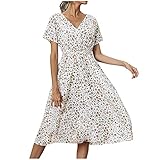 Sisifa Sommerkleid Damen Midi V-Ausschnitt Strandkleider A-Linie Kleid Kurzarm Blumenkleider Knielang Vintage Gesmoktes Böhmisches Wickelkleid Freizeitk