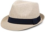 styleBREAKER Trilby Hut, Leichter Papierhut mit kontrastfarbigem Zierband, Unisex 04025002, Farbe:Natur/Midnight-Blue, Größe:S/M = 56