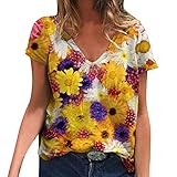 GFGHH Vintage Drcuken Damen Oberteile Sommer Kurzarm Blusen T-Shirt V-Ausschnitte Loose Oversize Shirt Retro Blumen Drucken Frauen Bluse Tops Casual Bedruckt Asymmetrisch Oberteile Top Mode Tunika Top