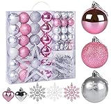 ilauke Weihnachtskugeln 79 TLG. Christbaumkugeln Christbaumschmuck mit Weihnachtsbaumspitze Perlenkette Schneeflocken, Romantische Thema Rosa Silber für Weihnachtsbaum Dekoration Party Hausdek
