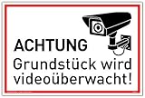 Schild Achtung Grundstück wird videoüberwacht! | Alu 30 x 20 cm | stabiles Alu Schild mit UV-Schutz | weiß | Videoüberwachung Kameraüberwachung Kameraüberwacht | Dreifke®