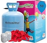 Helium Ballongas Set: 50 rote Herzluftballons Ø 25cm + Polyband, HeliumStar® Einwegflasche XXL Helium Gas für bis zu 50 Ballons EINWEG