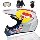 Motocross Helm, Fahrradhelm Kinder Jungen 52-58 Downhill Bike Fullface Helm MTB Enduro Crosshelm Motorradhelm Set (mit Brille Handschuhe Maske) - für Dirt Bike ATV Roller Quad Sturzhelm, Red B