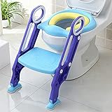 ACXIN Kinder-WC-Sitz mit Treppe, Klappbarer Töpfchentrainer, Verstellbarer Toilettentrainer mit PU-Kissen und Griff, Kleinkinder-Töpfchen, Blau und L