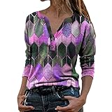 DOBEI Damen Sommer Oversized Langarm Sweatshirt Tunika Tops Damen Große Größe Tie Die Farbverlauf V-Ausschnitt knopfleiste Tshirt Bluse Oberteile Frauen Elegant Boho Vintage Baumwolle Bequem Hemdb