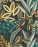 Rasch Tapete 485561 - Vliestapete mit Pflanzen und Blättern in Türkis und Ocker auf dunklem Hintergrund aus der Kollektion Florentine III - 10,05m x 0,53m (L x B)