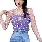 Shirt Damen Sexy Oberteile Elegant Clubwear Spitzen Unterhemd Transparent Langarm Shirt Mesh Oberteile Tops Bluse Tunika mit für Valentinstag Casual O-Neck Langarm Bedruckte lose Damen Tops S