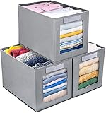 DIMJ 3 Stück Aufbewahrungsboxen, Faltbox mit Transparentem Sichtfenster Faltbare Aufbewahrungskiste mit Schlaufe für Kleiderschrank, Kleidung, Bücher, Kosmetik, Spielzeug usw. (Hellgrau)