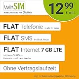 Handyvertrag winSIM LTE All 7 GB - ohne Vertragslaufzeit (FLAT Internet 7 GB LTE mit max 50 MBit/s mit deaktivierbarer Datenautomatik, FLAT Telefonie, FLAT SMS und EU-Ausland 12,99 Euro/Monat)