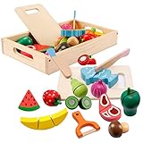 Spielküche Zubehör, Kinderküche Zubehör Holz, Küche Kinder Holzspielzeug, Obst Gemüse und Fleisch Kochsimulation Lernspielzeug für 3+ Jährige Jungen und M