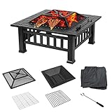 ROM 32'3 in 1 Feuerstelle Tisch & Grill - Quadratische Feuerstelle BBQ Grill Outdoor Garten Quadratischer Tischherd Terrassenheizer // BBQ/Eisgrube mit wasserdichter Abdeckung