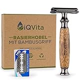 iQVita® Premium Rasierhobel mit Griff aus Bambus - inkl. 10 Rasierklingen - für Damen und Herren – Nassrasierer - geschlossener Kamm - Umweltfreundlich & Nachhaltig - Zero Waste - inkl. eBook