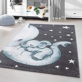 HomebyHome Kinderteppich Kurzflor Elephant Kinderzimmer Babyzimmer Grau Blau Meliert, Größe:160x230