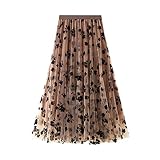 Damen Tüllrock aus Netz Halber Körper Langes Kleid Begleitkleid Unterrock mit Gürtel Tüllrock mit Gemuster A-Linie (Kahki, X-L)