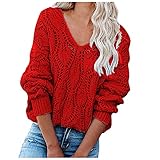 RMBLYfeiye Grobstrick Pullover für Damen Sweater Casual Lose Pulli Langarm Oberteile Damen Elegant Rollkragenpullover Kurz Oversize V-Ausschnitt Strickp