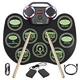 E-Drum Electronic Drum Kit,Bonvvie Roll-Up-Drum-Kit mit 9 Pads, MIDI DTC, Eingebauten Lautsprechern, Wiederaufladbarer Li-Ionen-Akku,Ideal für Kinder Studenten Anfänger E