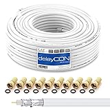 deleyCON HQ 30m SAT Koaxial Kabel 130dB - 4-fach geschirmt für DVB-S - S2 DVB-T und DVB-C - Stahl/Kupfer Innenleiter - 4K 1080p FULL HD HDTV - inkl. 10x vergoldete F-Steck