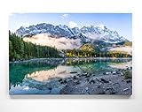 Bergpanorama Leinwand - Eibsee, Zugspitze - als 150x50cm großes XXL Leinwandbild. Wandbild als Hintergrund und Deko für Wohnzimmer & Schlafzimmer. Aufgespannt auf H