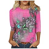 Tunika Damen Blumen Tops Langarm Rundhals Kurzarm-Sweatshirt Henley Lose Einfarbig Beiläufig Knopfleiste Plissiert Tops Bluse T Shirt Oberteil Asymmetrischer Große Größ