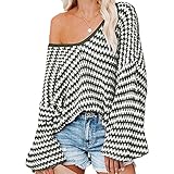 Damen Pullover mit tiefem V-Ausschnitt Streifen Laternenärmel Lässiger Sexy StrickpulloverOberteile Herbstmode Übergroßer Chunky-Pullover Pulli (L,Grün)