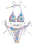 Romwe Damen Allover Blumendruck String Triangle Halfter 2 Stück Bikini Badeanzug Beachwear - Blau - M