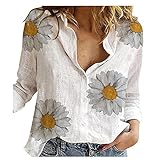 Damen Hemd Shirt Gänseblümchen Drucken Revers V-Ausschnitt Langarmshirt Damen Basic Tshirt Knopf Hemd Lose Fit Oberteile Leinen Longshirt Damen Tee Tops Bequem und Atmungsaktiv Bluse Vintage S